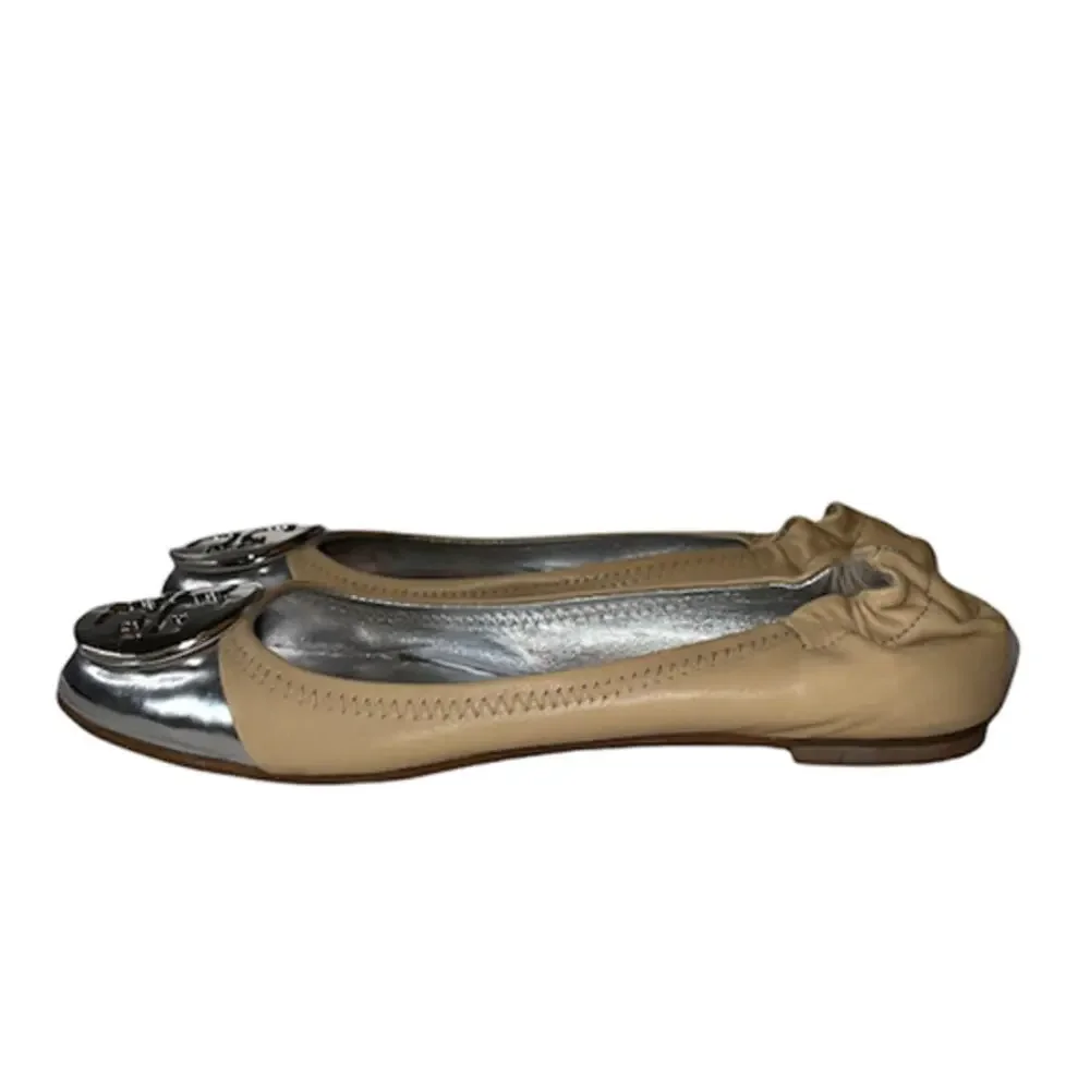 Tory Burch Beige and Silver Serena Mirror Leather Ballet Flats Size 6